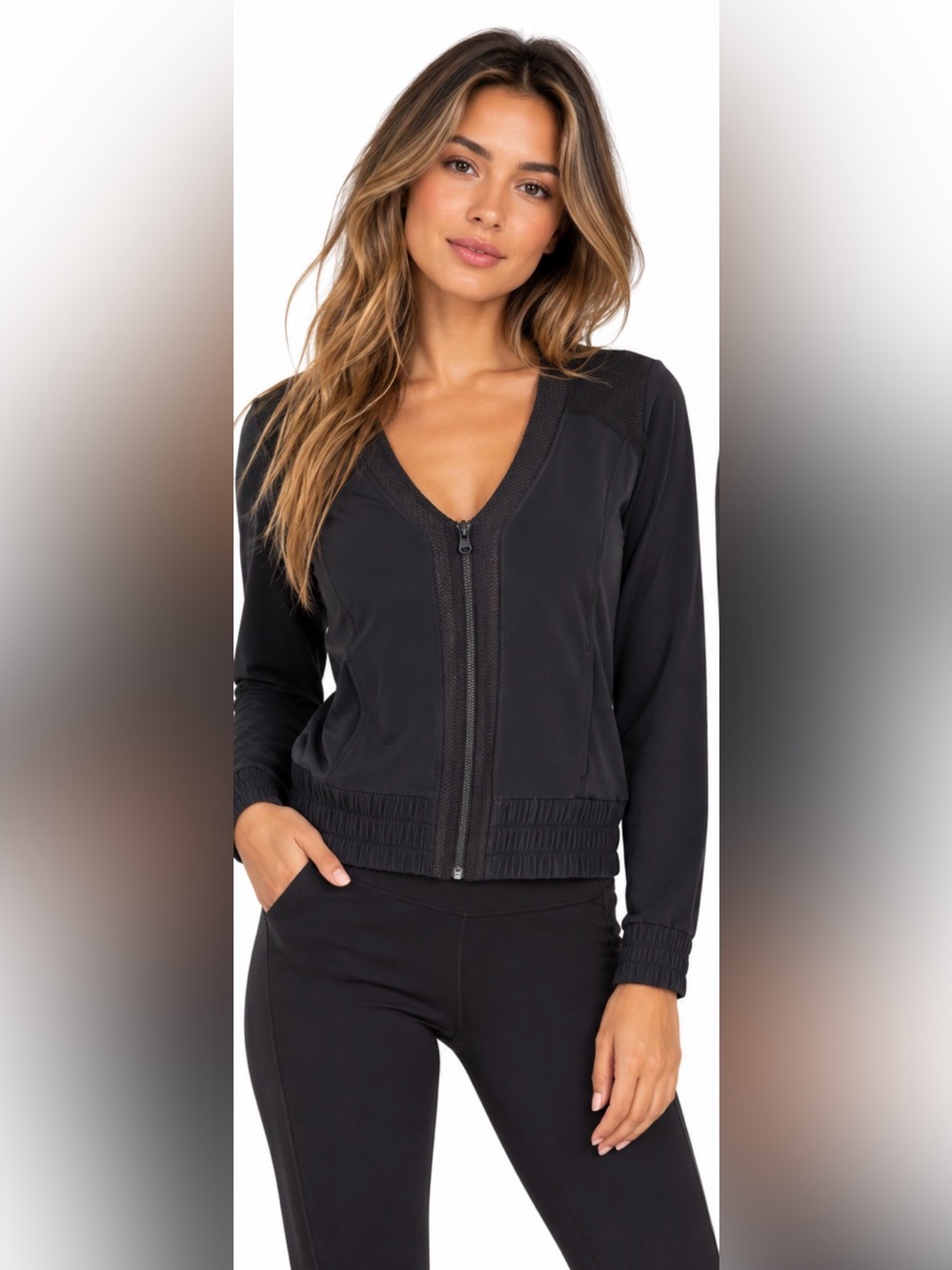 Lucy Black Supplex Nylon Blend Stretch Mesh Zip Front Jacket